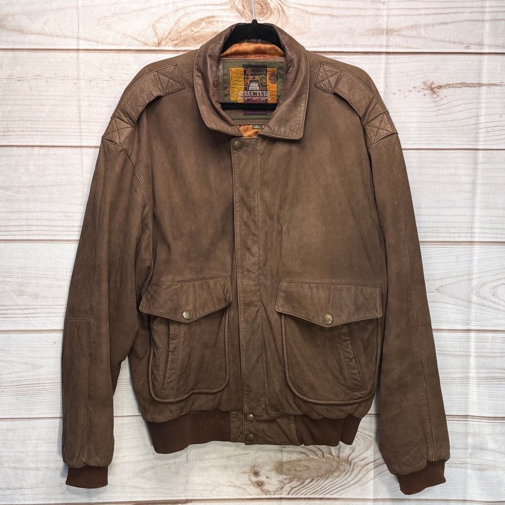 Vintage Structure Mens Brown Leather Bomber Jacket Large 90s Aviator Nubuck